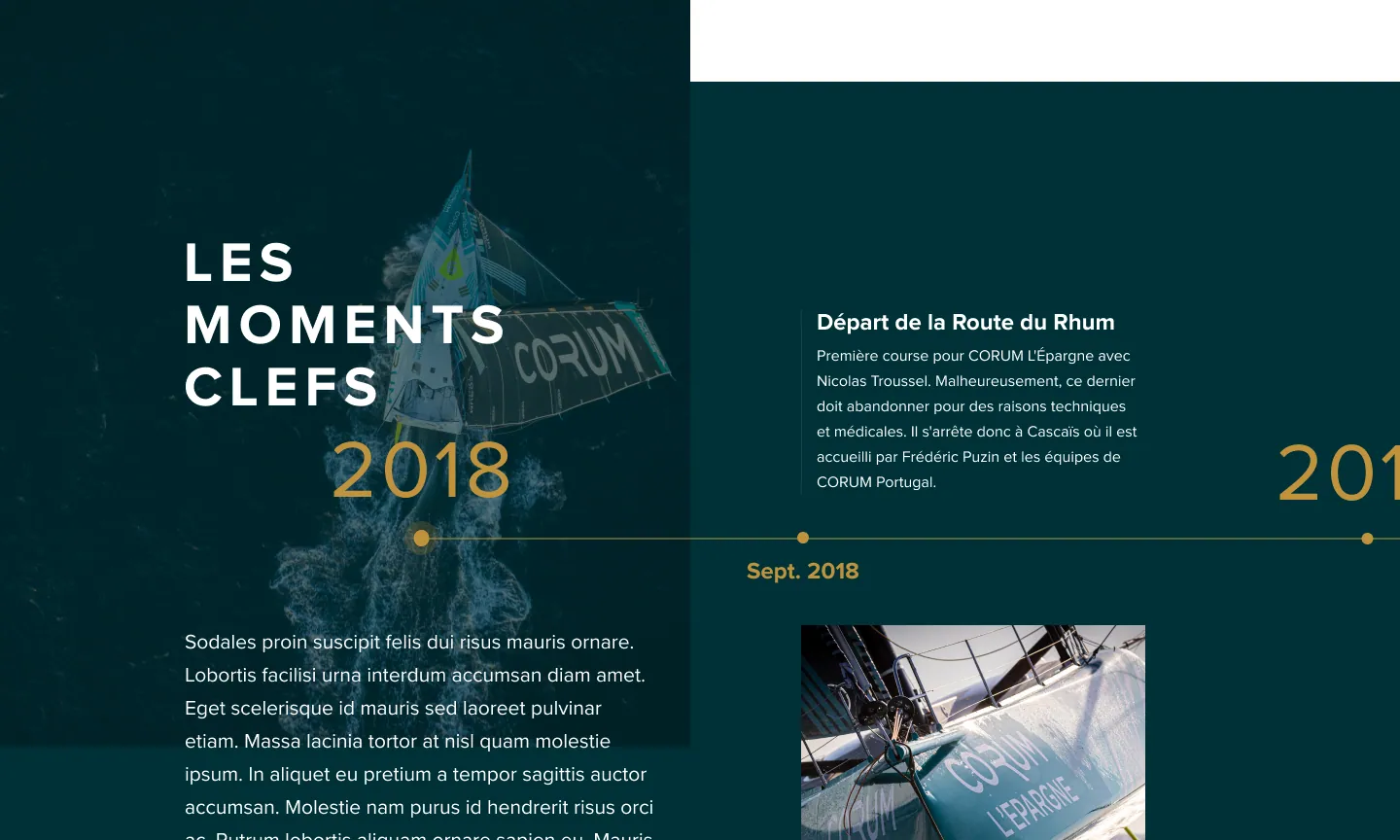 La frise des moments clefs, année après année, sur fond vert profond